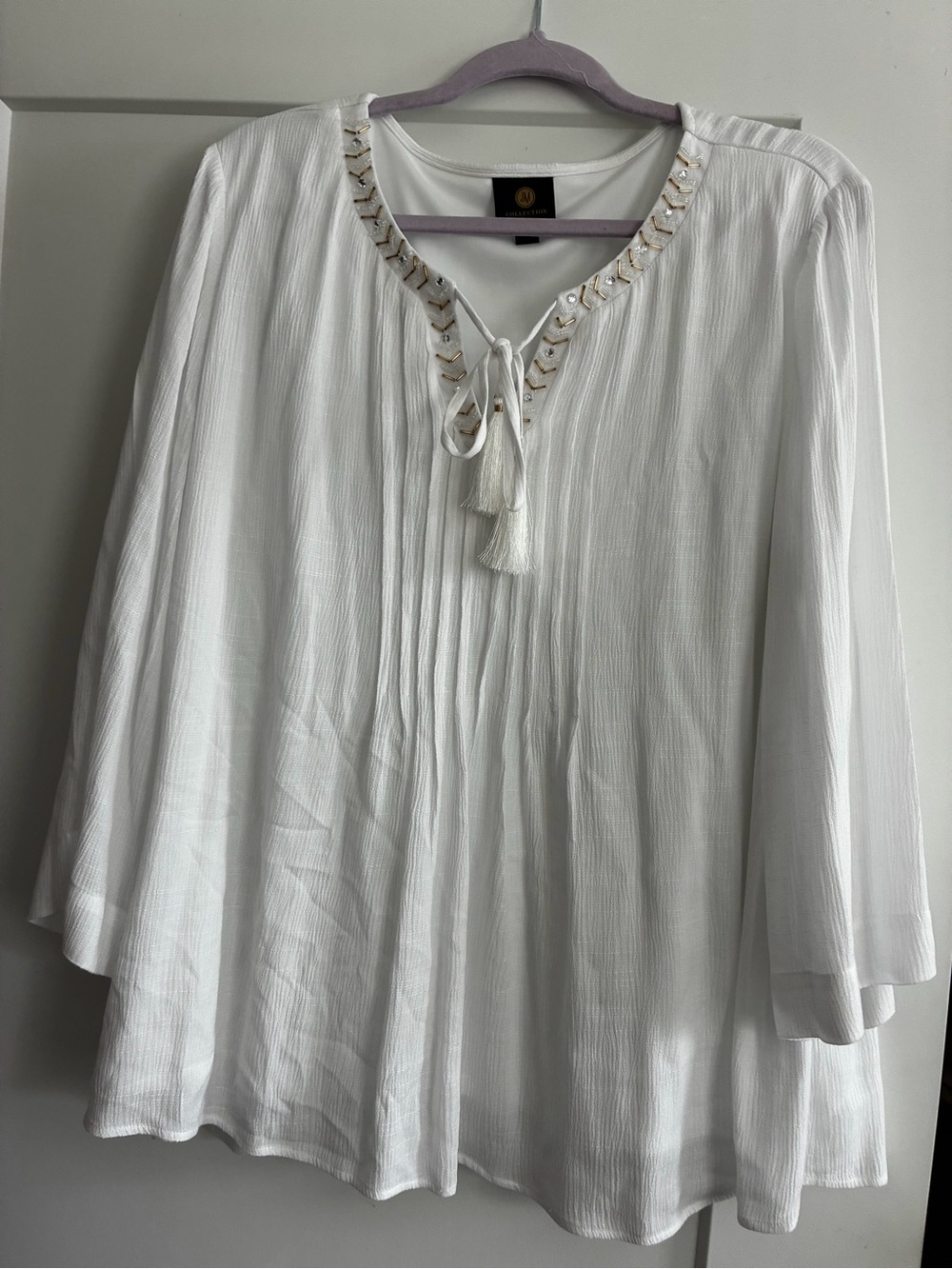 JM Collection White Embellished V-Neck Tunic with Tassel Tie